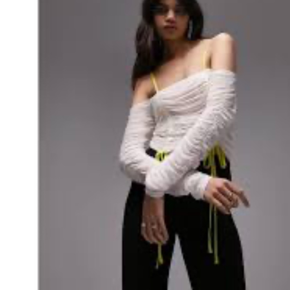 Topshop Mesh long sleeve ruched bardot top in ecru ASOS NEW 8 10 Medium